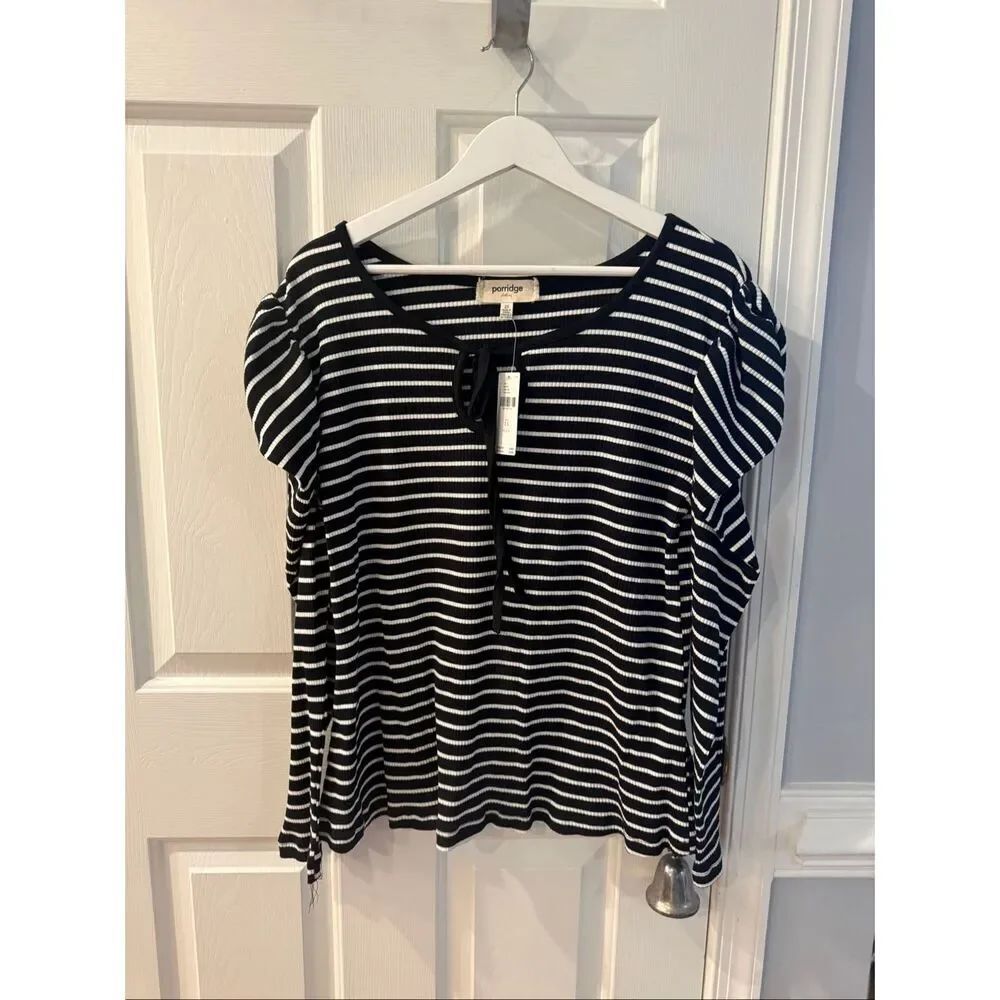 Anthropologie Porridge Black & White Stripe Keyhole Puff Sleeve Top sz 2X NWT